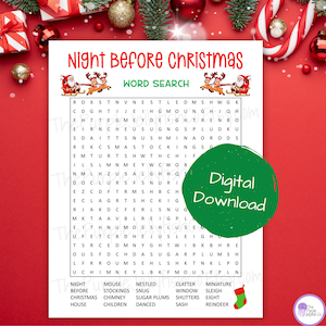 Night Before Christmas Word Search Puzzle, Christmas Worksheet, Christmas Activity Printable Family Christmas Game, Christmas Eve Box Filler