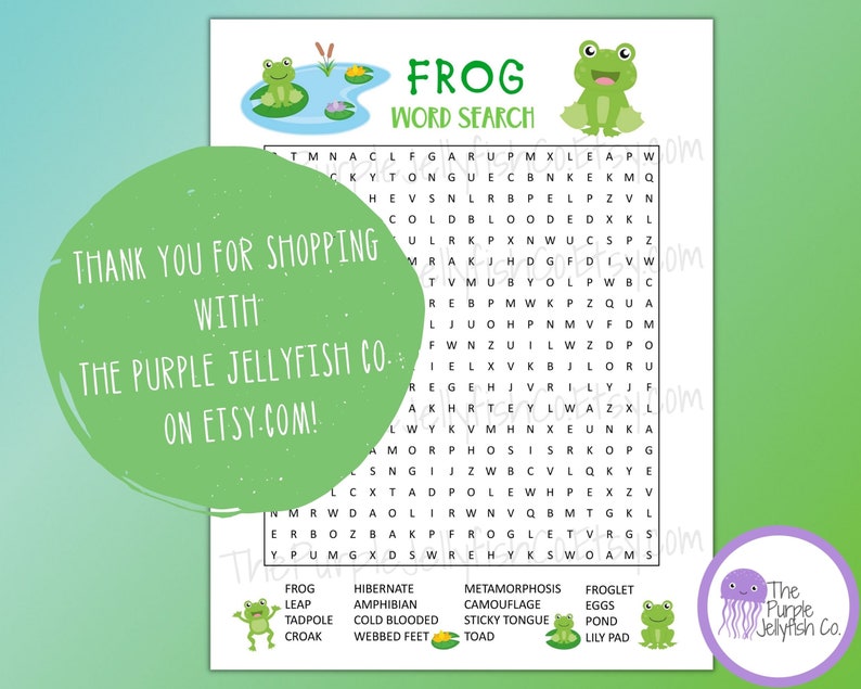 Frog Word Search Printable, Frog Activity for Kids, Word Game, Spring
