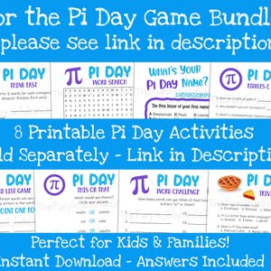 for the pi day game bundle, please see link in description. 8 printable pi day activities sold separately. perfect for kids and families. instant download with answers.