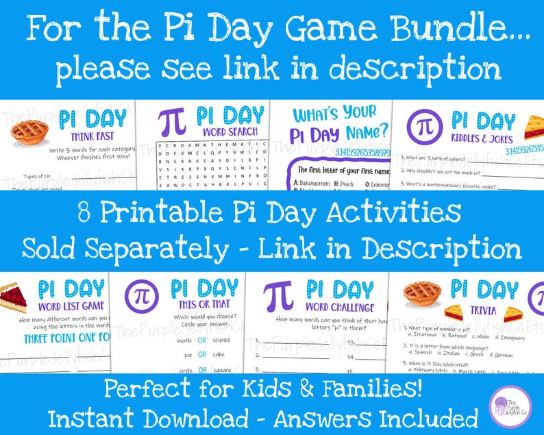 for the pi day game bundle, please see link in description. 8 printable pi day activities sold separately. perfect for kids and families. instant download with answers.