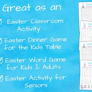 Great as an easter classroom activity, easter brunch or dinner game for the kids table, easter word game for kids and adults or easter activity for seniors. 4 word search puzzles shown to right.