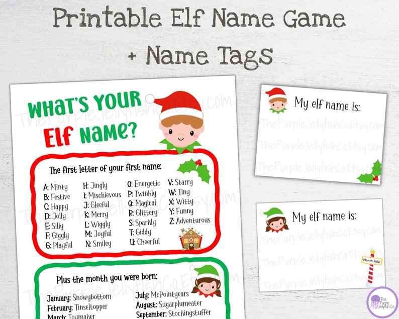 Elf Name Game Name Tags, Christmas Activity for Kids, What's Your Elf
