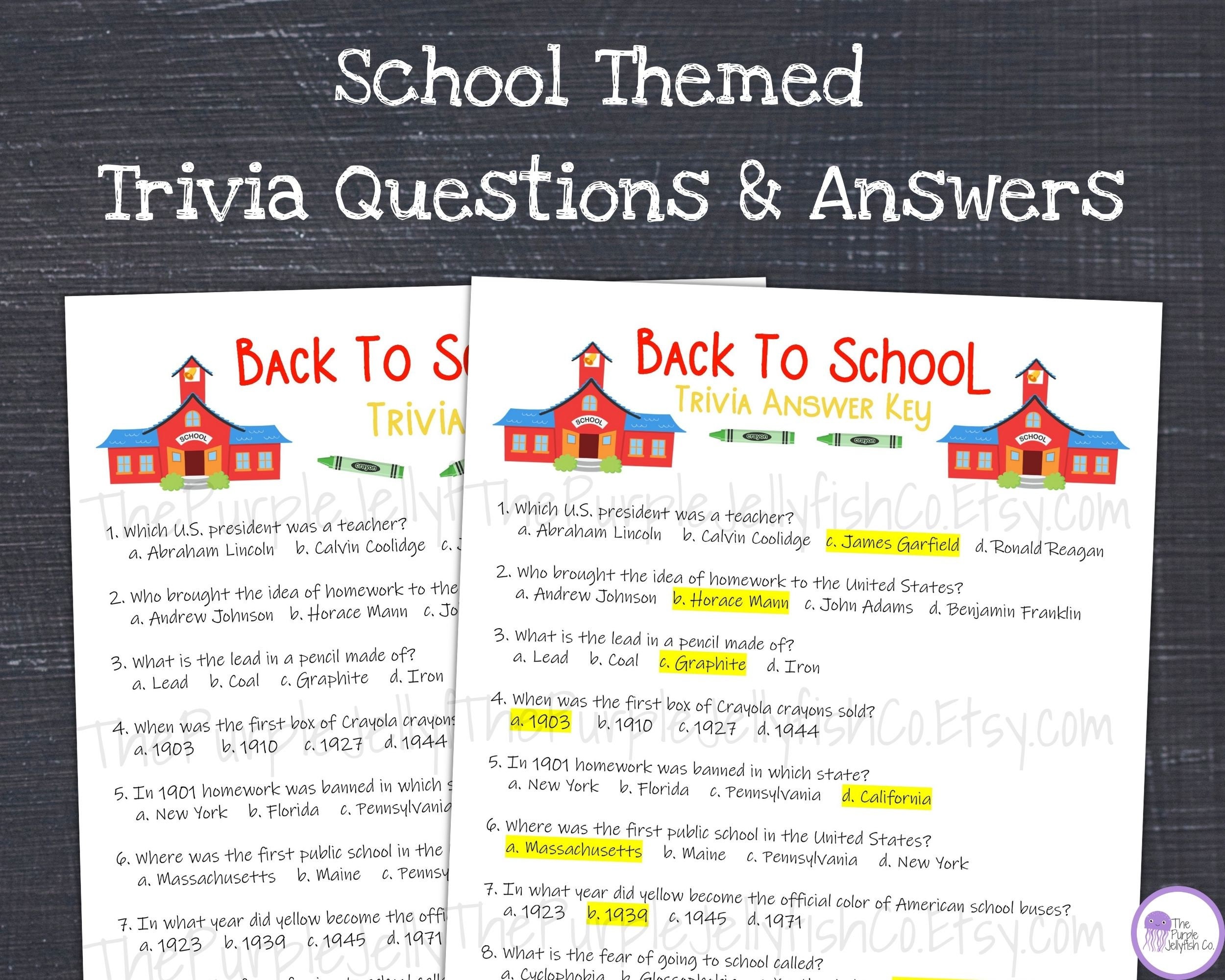 Back to School Trivia Game, Beginning of Year Printable, School Themed