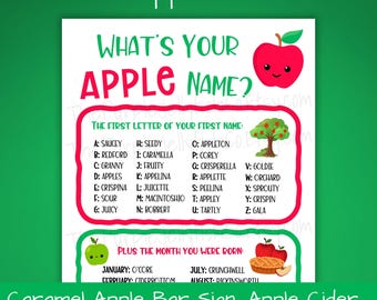 Afdrukbaar spel What's Your Apple Name, Apple-feestdecor, bord appelciderreep, Apple-activiteit karamel voor leraren, appelplukidee