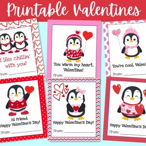 Cartes de Saint-Valentin pingouin pour enfants, Saint-Valentin à imprimer pour la classe, échange de la Saint-Valentin, animaux mignons de la Saint-Valentin pour classe, étiquettes Vday