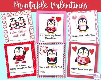 Penguin Valentine Cards for Kids, Printable Valentines for Classroom Valentine Exchange, Cute Animal Valentines for School Class, Vday Tags