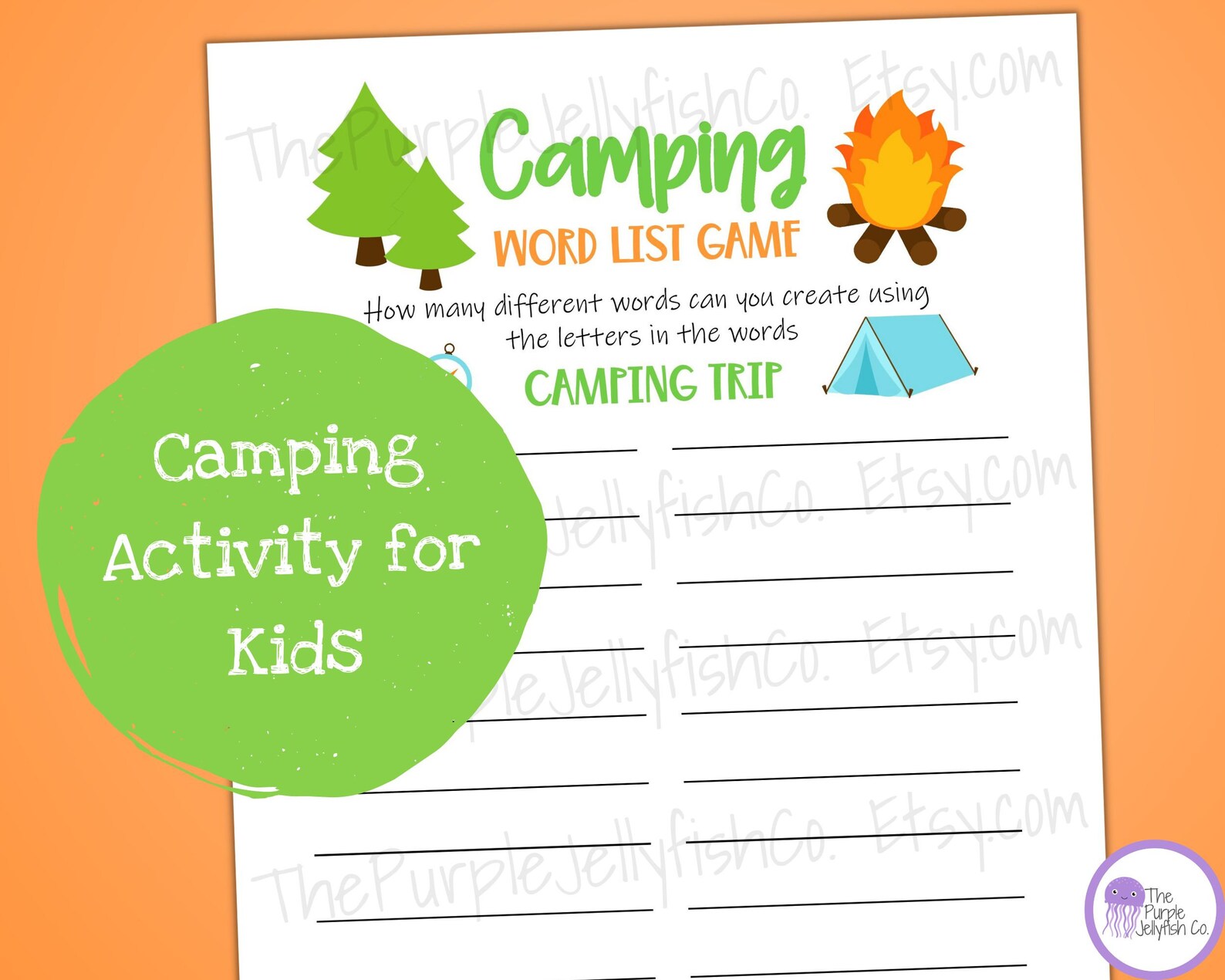 Camping Word List Game, Camping Activity for Kids Printable, Camping