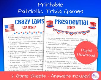 Patriotic Trivia Games for Kids & Adults, President's Day Activities, 4th of July Party Idea Presidential Election Party Games Printable USA
