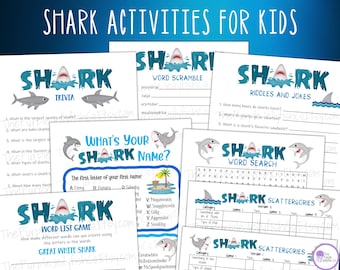 Paquete de actividades sobre tiburones, juegos de tiburones para niños, adolescentes y adultos, ideas para fiestas de cumpleaños con temática de tiburones, actividades imprimibles para la Semana del Tiburón, hojas de trabajo para el aula.