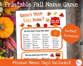 What&#39;s Your Fall Name Game Printable Fall Party Idea, Funny Fall Game for Kids & Adults, Autumn Activity, Cute Fall Decor Sign and Name Tags