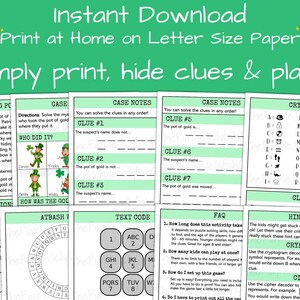 Instant download, print at home on letter size paper. Easy set up! Simply print, hide clues and play! Fun st patricks day party game for kids and adults! Use as st patricks day homeschool idea or st paddys day party idea!