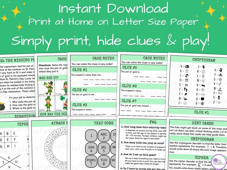 Instant download, print at home on letter size paper. Easy set up! Simply print, hide clues and play! Fun st patricks day party game for kids and adults! Use as st patricks day homeschool idea or st paddys day party idea!