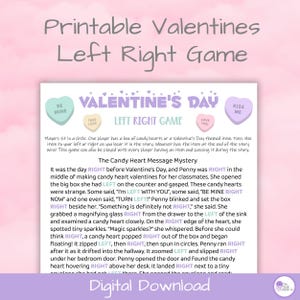 Könnte beinhalten: Ein druckbares Valentinstags-Links-Rechts-Spiel mit einem Süßigkeitenherz-Thema. Das Spiel enthält Anweisungen und eine Geschichte namens "Das Candy Heart Message Mystery". Das Design zeigt Pastellfarben und herzförmige Grafiken.