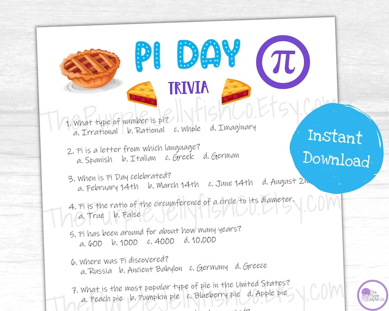 Pi Day Trivia Game for Kids and Adults, Printable Pi Day Activity, Pi