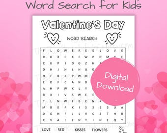 Valentine's Day Word Search Puzzle for Kids, Valentines Activity Printable, Valentine Games, Valentine Worksheet, February Classroom Game