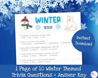 May include: A printable page of 10 winter-themed trivia questions with an answer key. The page features a snowman and a polar bear, along with snowflakes and the text "Winter Trivia".