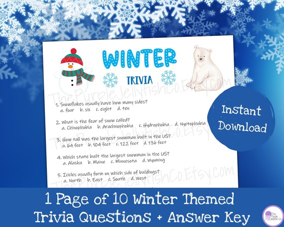 Winter Trivia Game, Printable Winter Games for Kids & Adults, Holiday Trivia Questions, Classroom Activity, Christmas Trivia Quiz + Answers