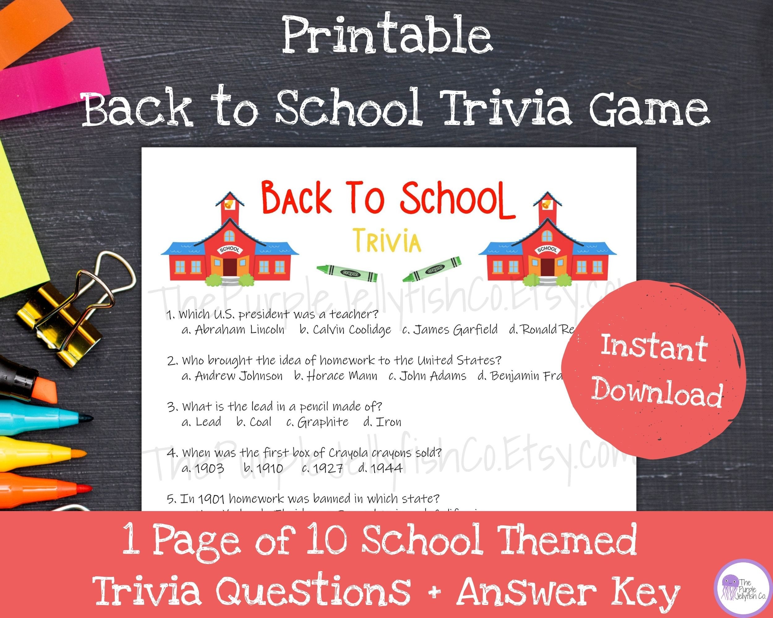 Back to School Trivia Game, Beginning of Year Printable, School Themed ...