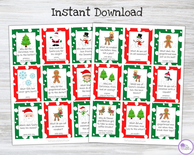 Instant download. Both pages of Christmas joke cards shown. Cute Christmas Eve box filler idea, Christmas class party game or kids Christmas activity! Great as an ice breaker game too!