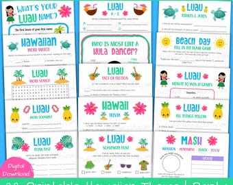May include: A collection of 22 printable Hawaiian-themed party games or classroom activities. The games feature colourful graphics, including pineapples, hibiscus flowers, and palm trees. The text includes "Luau" and "Hawaiian" game titles, ideal for a tropical party.
