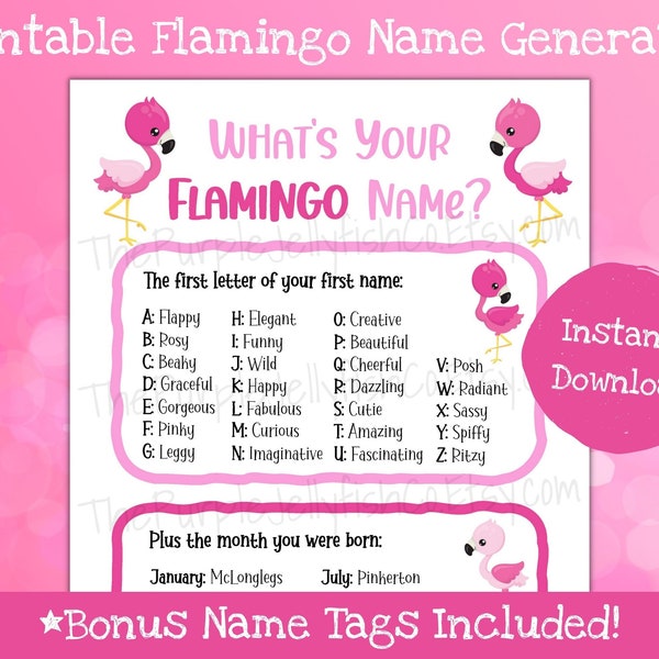 Flamingo Namen Spiel, druckbare Flamingo Zeichen, Sommeraktivität für Kinder, was ist Ihr Name Spiel, Flamingo Geburtstag Party Dekoration, Name Generator