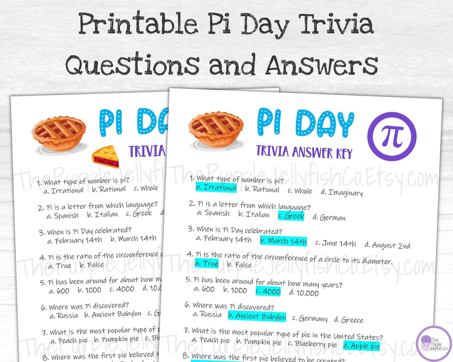 Pi Day Trivia Game for Kids and Adults, Printable Pi Day Activity, Pi