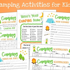 Camping Activities for Kids. 6 printable camping games shown on orange background. Activities shown include: camping word list game, whats your camping name game, camping word scramble, camping word search, camping scattergories, camping jokes.
