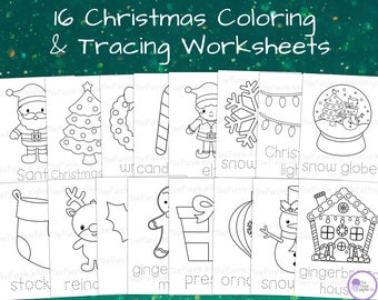 May include: A set of 16 black and white Christmas coloring and tracing worksheets. The worksheets feature images of Santa, a Christmas tree, a wreath, a candy cane, an elf, a snowflake, Christmas lights, a snow globe, a stocking, a reindeer, a gingerbread man, a present, an ornament, a snowman, and a gingerbread house.