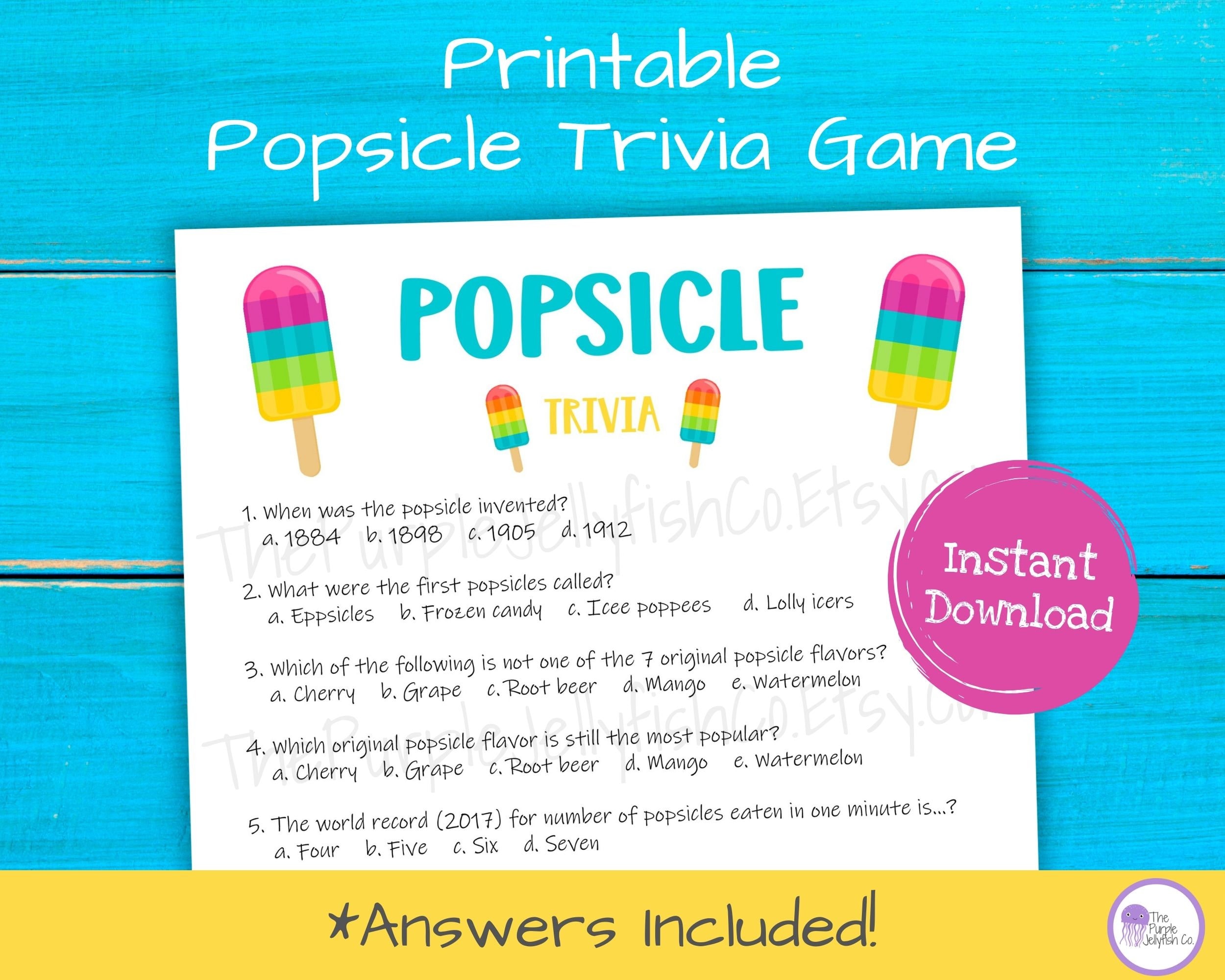 Popsicle Trivia Game Printable, Summer Popsicle Party Idea, Ice Cream  Activity for Kids \u0026 Adults, Popsicle Birthday Party, Trivia Questions, image size:2500x2000