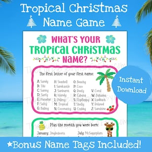Tropical Christmas Game, What&#39;s Your Name Game, Beach Christmas Decorations, Christmas in July, Holiday Party Game, Name Generator Printable