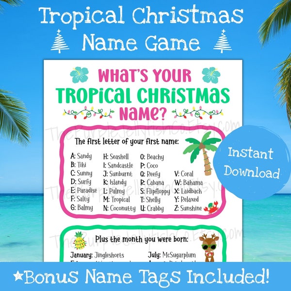 Tropical Christmas Game, What's Your Name Game, Beach Christmas Decorations, Christmas in July, Holiday Party Game, Name Generator Printable