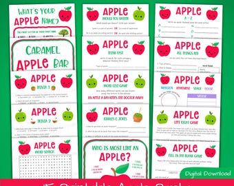 Pacchetto di giochi stampabili per feste con le mele, attività con le mele per bambini, idea per bar di mele caramellate, schede di lavoro autunnali, bar di sidro di mele caramellate, frutteto di mele