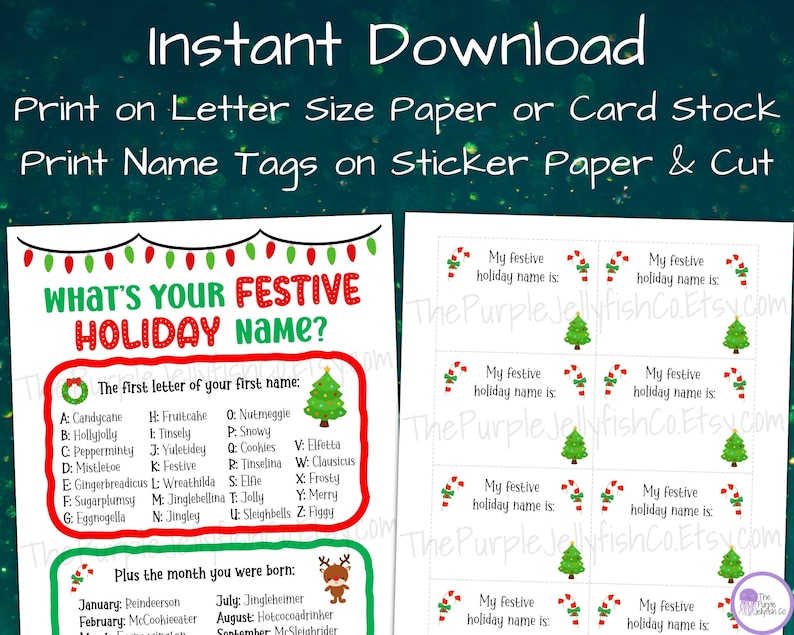 Instant download. Print on letter size paper or card stock. Print name tags on sticker paper and cut. Great as a Christmas party game, holiday party activity, or holiday ice breaker game! Fun printable game for kids, teens and adults!
