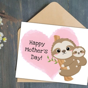 Moeder en baby luiaard Moederdag kaart, afdrukbare Moederdag kaart, schattige dieren Moederdag kaart, Happy Mother's Day, moeder dag kaart downloaden