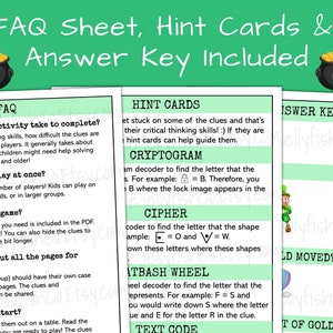 FAQ sheet, hint cards and answer key shown. FAQ sheet answers common questions about game play and set up. Hint cards included if kiddos get stuck on clues.