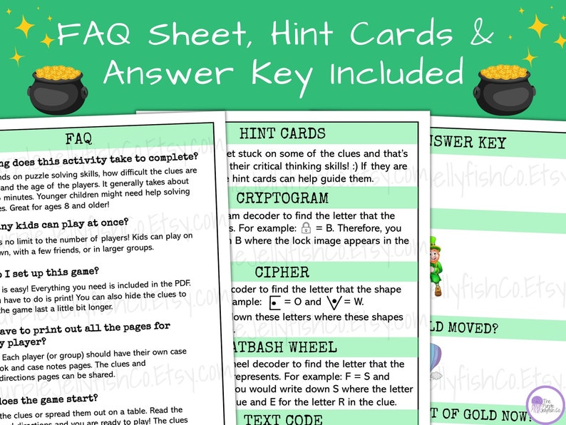 FAQ sheet, hint cards and answer key shown. FAQ sheet answers common questions about game play and set up. Hint cards included if kiddos get stuck on clues.