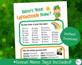 What's Your Leprechaun Name Game + Name Tags, St. Patrick's Day Game for Kids Party Printable, St Patricks Name Generator Activity or Decor