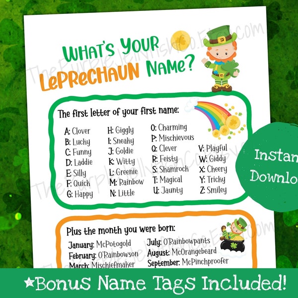 Leprechaun Name Game, Printable St. Patrick's Day Game for Kids, What's Your Name Game, St. Patrick's Day Name, St. Paddy's Day Party Decor