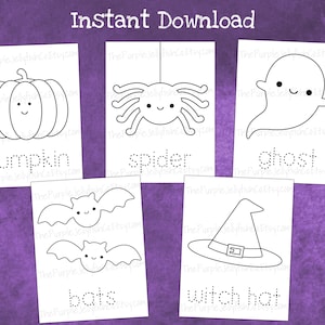 Instant download. Cute Halloween printables. Halloween coloring pages and tracing worksheets for kids. 5 of 10 coloring pages shown with a pumpkin, spider, ghost, bats and witch hat. fun coloring worksheets for kids!