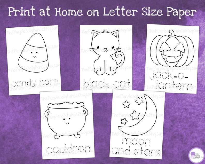 Print at home on letter size paper. Halloween coloring and tracing worksheets. 5 sheets shown: candy corn, black cat, jack-o-lantern, cauldron and moon and stars. Shown on purple background. Fun halloween coloring pages for kids!