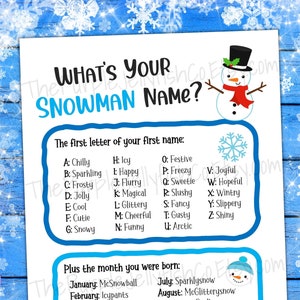 May include: A printable game card with a snowman illustration and the text "What's Your Snowman Name?" The card instructs users to combine the first letter of their first name with the month they were born to create a unique snowman name.