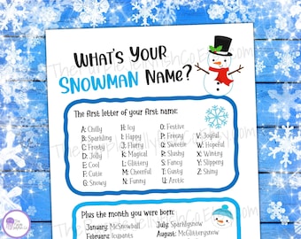 Snowman Name Game, Fun Winter Game for Kids, Printable Holiday Party Game, Kids Christmas Activity, Snowman Decor, What&#39;s Your Snowman Name