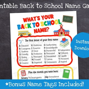 What&#39;s Your Back to School Name Game, First Day of School Activity Printable, Fun Classroom Icebreaker Game, Kids Back to School Party Idea