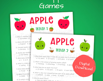 Giochi a quiz sulle mele stampabili, idea per un bar a tema sidro di mele, attività a tema mele per bambini, ragazzi e adulti, giochi per feste a tema mele caramellate, attività divertenti per l'autunno