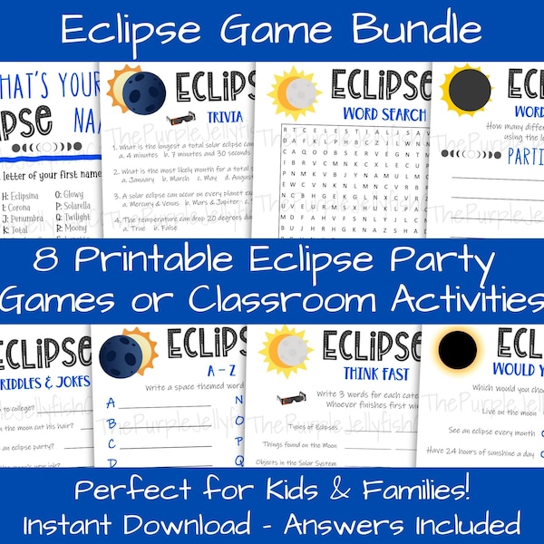 Eclipse 2024 Games Printable, April 8th 2024 Solar Eclipse Activities for Kids & Adults, Eclipse Party Ideas, Eclipse Games, Classroom Games