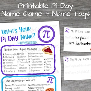 What&#39;s Your Pi Day Name Game + Name Tags, Printable Pi Day Activity for Kids and Adults, Funny Math Classroom Decor, 3.14, Pi Day Party Idea