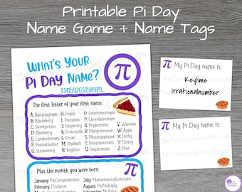 What's Your Pi Day Name Game + Name Tags, Printable Pi Day Activity for Kids and Adults, Funny Math Classroom Decor, 3.14, Pi Day Party Idea