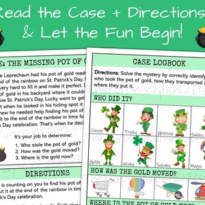 Read the case and directions and let the fun begin! 2 pages of mystery game shown: the case description and directions page and the case logbook. Logbook has pictures of suspects, transportation and locations to cross off as you solve the clues.