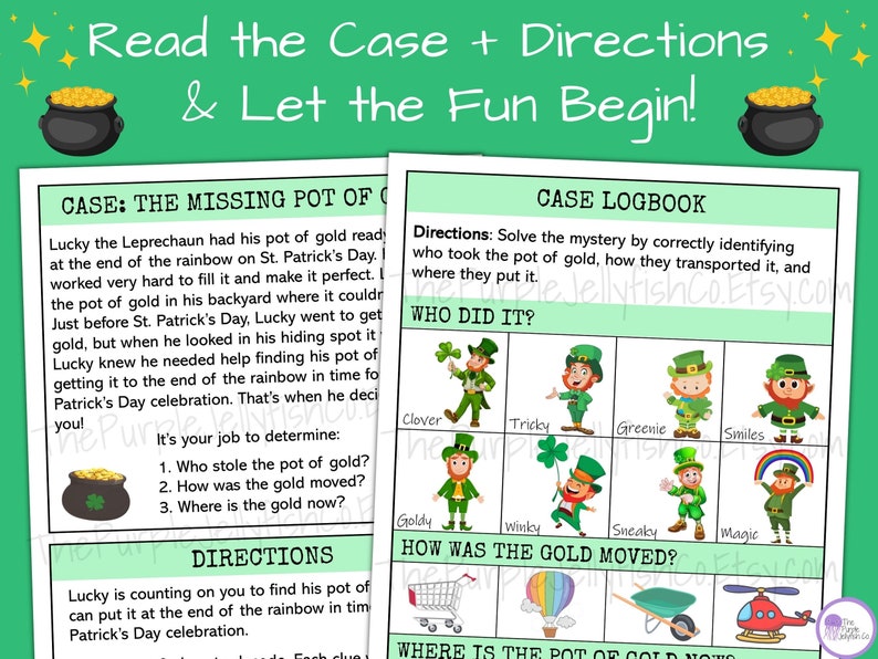Read the case and directions and let the fun begin! 2 pages of mystery game shown: the case description and directions page and the case logbook. Logbook has pictures of suspects, transportation and locations to cross off as you solve the clues.