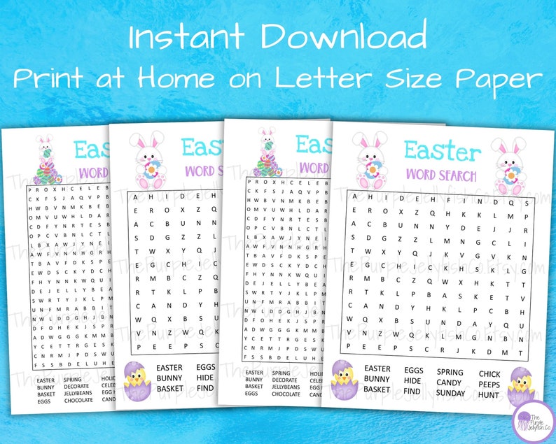 Instant download, digital download. print at home on letter size paper. download once and print as many times as you would like. 4 easter word search puzzles shown, 2 of each version.